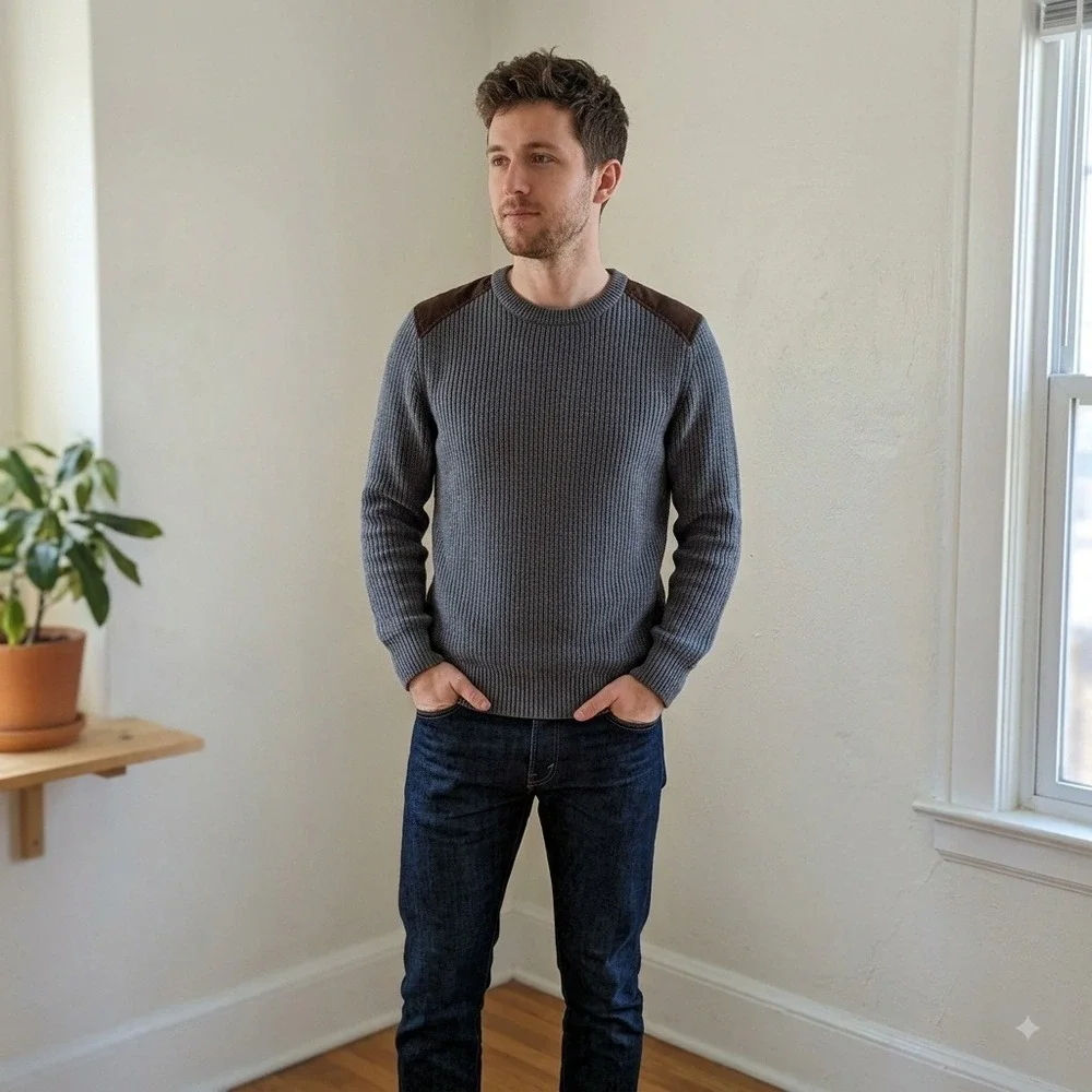 J. Crew Mens Sweater Small Gray Ribbed Knit Suede Shoulder Patches Preppy